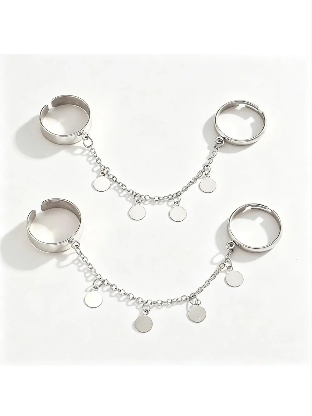 Anthropologie Silver Color Linked Double Ring with Dangling Discs